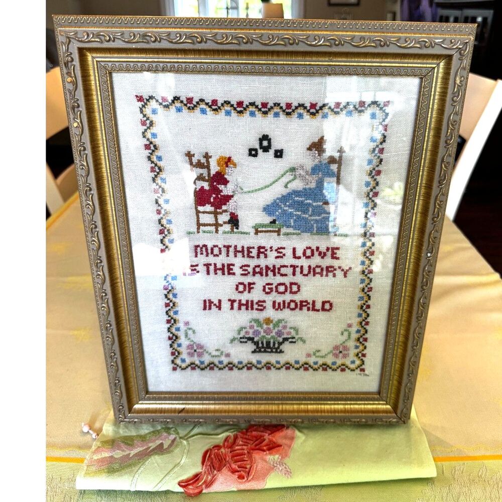 Vintage framed 1936 Cross stitch/Needle Point Mother's Love